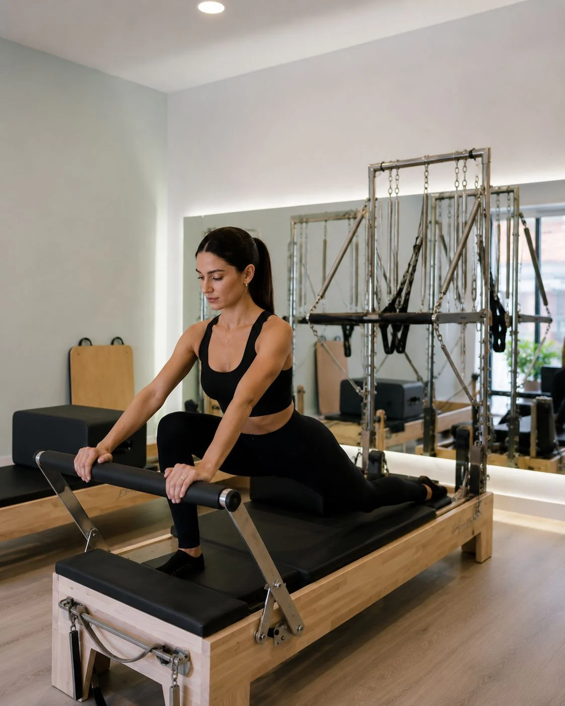Alumna trabajando sobre Reformer con Torre en Pilates Máquinas